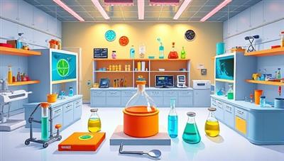 A colorful and engaging virtual science lab environment with animated equipment, lab coats, and scientific tools, creating an immersive and interactive space for students to explore scientific concepts and conduct experiments virtually.