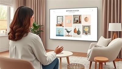 An artistic rendering of a virtual interior design consultation session, with a designer presenting a virtual mood board on a large screen while the client views it from a cozy home setting, emphasizing the convenience and creativity of remote design services.
