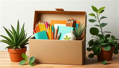 An artistic depiction of a subscription box filled with vibrant eco-friendly school supplies, surrounded by green plants and natural elements, symbolizing sustainability and education in harmony.