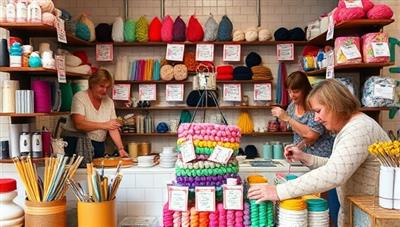 A cozy craft studio filled with colorful yarn, paintbrushes, beads, and crafting tools, with customers happily creating handmade gifts and decorations, exuding a warm and welcoming creative environment.