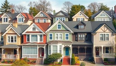 An image showcasing a diverse neighborhood with various architectural styles, each house adorned with a 