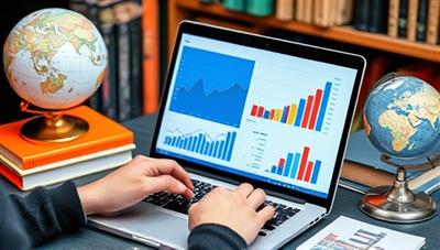 An image of a data analyst working on a laptop with graphs and charts displayed on the screen, surrounded by data-related books and a globe, representing the power of data analytics in business decision-making.