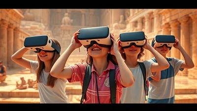 An exciting visual of students wearing VR headsets and exploring a virtual ancient civilization, with historical artifacts and landmarks surrounding them in a mesmerizing 3D environment, depicting an immersive and educational VR history lesson experience.
