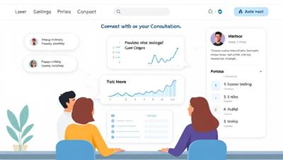 An interactive marketplace interface showcasing users connecting with financial mentors for personalized consultations, with chat bubbles, financial charts, and mentor profiles displayed, illustrating peer-to-peer financial consulting in a digital setting.