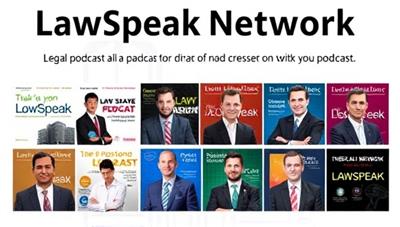 An engaging graphic featuring a collection of podcast cover art designs representing various legal podcast shows within the LawSpeak Network, showcasing the diversity of topics and hosts available for listeners, conveying professionalism and expertise in legal insights and discussions.