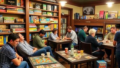 A cozy board game lounge with shelves of colorful board games, puzzle pieces scattered on tables, and customers engaged in friendly gameplay, enjoying snacks and drinks, creating a warm and inviting gaming atmosphere.