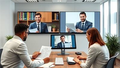 A virtual office scene with tax experts and attorneys engaging in a video conference with clients, reviewing tax documents and legal agreements on computer screens, symbolizing professional tax resolution services in a digital environment.