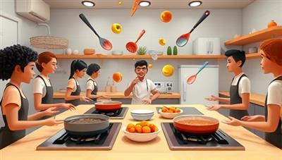 An animated kitchen setting with virtual stovetops, cooking utensils, and ingredients floating in the air, surrounded by avatars of participants engaged in a friendly cooking competition, highlighting the interactive and immersive nature of the online cooking platform.