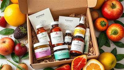 An elegantly designed subscription box filled with colorful jars of superfood skincare, vitamin bottles, wellness supplements, and beauty recipe cards, surrounded by fresh fruits and green leaves, evoking a sense of beauty nourishment and holistic well-being.