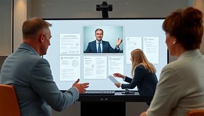 A virtual mediation session visual featuring a mediator facilitating a discussion between two parties on a screen, with a digital collaboration board for note-taking and visual aids, promoting a modern and efficient conflict resolution process.