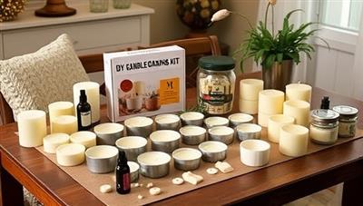 A cozy home setting with a DIY candle making kit spread out on a table, showing various candle molds, waxes, fragrance oils, and decorative elements, evoking a sense of creativity and relaxation in crafting personalized candles.