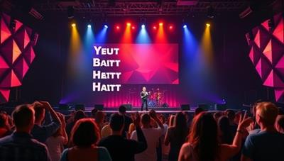An interactive virtual concert setting with a stage, cheering avatars, and personalized song requests appearing in real-time, showcasing the dynamic and engaging concert experience offered by the platform.
