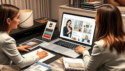 An elegant virtual interior design consultation scene featuring a designer presenting a digital mood board to a client on a laptop screen, surrounded by fabric swatches, paint samples, and decor catalogs, creating a sophisticated and visually appealing design atmosphere.