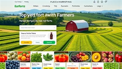 A vibrant online marketplace interface showcasing a variety of colorful, fresh produce items, with a background image of a picturesque farm to emphasize the direct connection to local farmers.