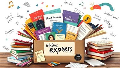 An artistic representation of an InkBox Express subscription box overflowing with colorful writing supplies, themed prompts, inspiring books, and handwritten notes, creating a visual feast of creative tools and resources to ignite the writing passion of subscribers.