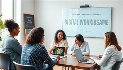 A digital branding workshop setting with a diverse group of clients engaging in a strategy session, brainstorming ideas, and reviewing online profiles, symbolizing growth, transformation, and empowerment through personal branding consultancy.