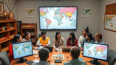 An online workshop setting featuring a diverse group of participants engaging in a virtual cultural immersion session, surrounded by cultural artifacts, maps, and digital screens displaying cultural information, conveying a sense of global connectivity and educational exchange.
