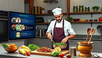 An engaging virtual cooking class session featuring a professional chef demonstrating a plant-based recipe with colorful ingredients, kitchen utensils, and a digital screen displaying cooking tips, creating an interactive and educational culinary experience for participants.