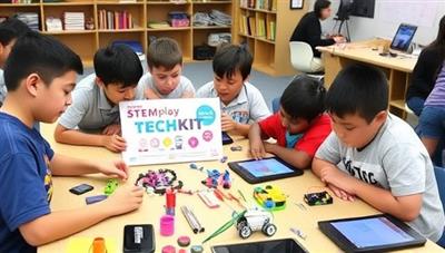 An educational setting with students assembling a STEMplay TechKit, experimenting with robotics components and coding interfaces, surrounded by colorful STEM materials and digital devices, illustrating the hands-on and tech-integrated nature of the learning kits.