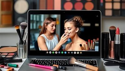 A laptop screen displaying a virtual makeup workshop in progress, with a makeup artist demonstrating techniques on a model, surrounded by a colorful array of makeup products and brushes, creating an immersive and educational beauty experience.