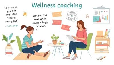 A wellness coaching session illustration featuring a student and coach engaged in a fitness activity, meditation practice, or healthy meal preparation, surrounded by motivational quotes, wellness tools, and educational materials, inspiring a balanced and healthy lifestyle for students.