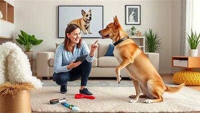 An image of a virtual pet training session featuring a professional trainer demonstrating positive reinforcement techniques with a well-behaved pet, interactive training tools, and pet-friendly props in a home environment, showcasing the effective and engaging nature of virtual pet consultations.