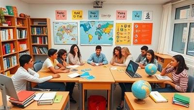 A virtual language classroom setting with diverse students engaging in language conversations and cultural activities, surrounded by language books, globes, and interactive language learning tools, fostering a vibrant and immersive language learning experience with Lingua Vista.