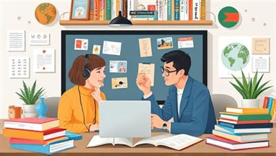 An artistic representation of a virtual language coaching session, featuring a coach and a client engaging in a language practice exercise through a digital interface, surrounded by language books and cultural symbols, fostering a dynamic and immersive learning environment.