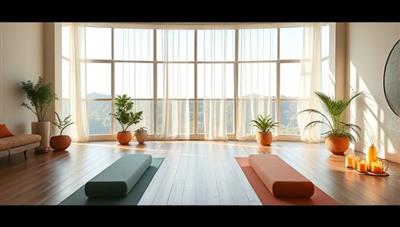 A serene virtual retreat setting with yoga mats, fitness equipment, and calming decor elements, inviting participants to immerse themselves in a holistic wellness journey filled with movement, mindfulness, and rejuvenation, creating a peaceful and transformative experience.