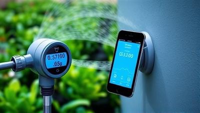 An artistic rendering of a digital water meter displaying real-time usage data on a smartphone, with a background showing a lush green garden being watered efficiently, highlighting the concept of smart water management and conservation.