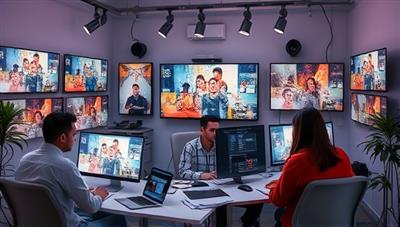 An artistic virtual workspace with content creators brainstorming ideas, editing videos, and designing graphics for telecommunication brands, surrounded by screens displaying vibrant content samples and industry trends, reflecting the agency's creative and dynamic approach to content creation.