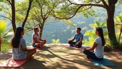 A serene retreat location surrounded by nature, with professionals engaging in mindfulness exercises, group discussions, and skill-building workshops, creating a harmonious and peaceful learning environment for personal growth and development.