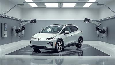 An autonomous vehicle parked in a sleek, futuristic garage, with robotic arms extending to clean its exterior, surrounded by a high-tech cleaning station, illustrating the cutting-edge technology of the service.