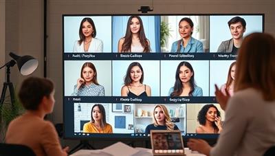 A professional virtual beauty talent agency setup showcasing talent portfolios, brand collaborations, and industry accolades, with beauty influencers and professionals engaging in virtual meetings and talent representation discussions, highlighting a dynamic and proactive beauty talent agency in action.