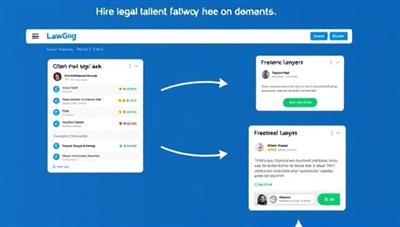 A dynamic visual of the LawGig Exchange platform interface displaying a client posting a legal task, freelance lawyers submitting proposals, and a successful match being made, showcasing the efficiency and convenience of hiring legal talent on-demand.