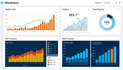 A digital dashboard displaying key performance metrics for a warehouse operation, with graphs, charts, and real-time data visualizations showing inventory trends, order processing efficiency, and performance benchmarks, illustrating the analytical power and insights provided by DataTrack Insights.
