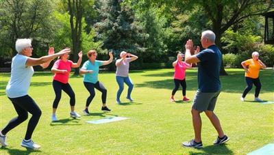 An outdoor fitness class for seniors in a park setting, with enthusiastic older adults engaging in group exercises, stretching routines, and wellness activities under the guidance of a fitness trainer, promoting active and healthy aging in a vibrant community setting.