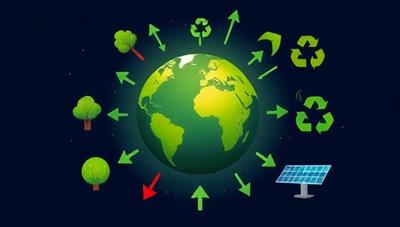 A digital illustration featuring a green planet Earth surrounded by eco-friendly symbols like trees, recycling arrows, and solar panels, representing the theme of environmental sustainability and education for a better future.
