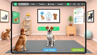 A digital pet training studio featuring a variety of pets engaging in training exercises, interactive training tools, and positive reinforcement techniques displayed on a virtual training platform, promoting a fun and effective pet training experience for pet owners and their furry companions.