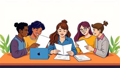 An illustration of a diverse group of gig workers collaborating on financial documents with the help of GigAcco's specialized accounting services, showcasing inclusivity and tailored support for freelancers in the gig economy.