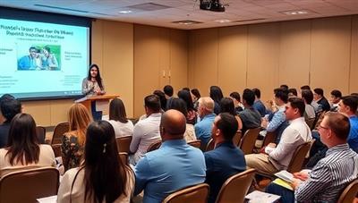 An interactive workshop setting with engaging visuals, a speaker interacting with participants, and a diverse audience of professionals and individuals learning about financial wellness, conveying a dynamic and educational atmosphere.