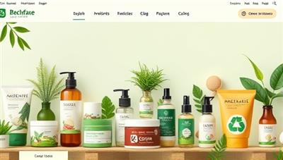 An eco-friendly and visually appealing digital marketplace interface showcasing an array of sustainable beauty products, natural ingredients, recyclable packaging, and green beauty icons, promoting a conscious and ethical shopping experience.