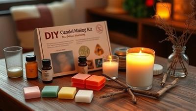 A cozy and inviting scene featuring a DIY candle making kit with various wax colors, fragrance bottles, and decorative elements laid out on a wooden table, accompanied by a lit candle showcasing the craft's final result, set against a warm and homely backdrop that evokes creativity and relaxation.
