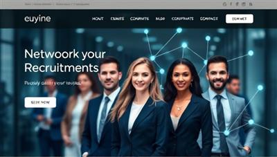 A sleek and modern website interface showcasing a diverse group of professionals with digital connection lines symbolizing networking and recruitment efficiency.