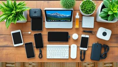 An assortment of eco-friendly tech gadgets arranged on a rustic wooden table with green plant accents, reflecting a blend of technology and sustainability in a visually appealing setting.