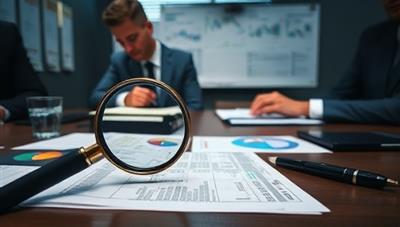 An investigative office setup with magnifying glasses, financial documents under scrutiny, and forensic accountants analyzing data with a keen eye for detail, symbolizing the precision and thoroughness of ForensicAudit Prodigy in uncovering financial irregularities.