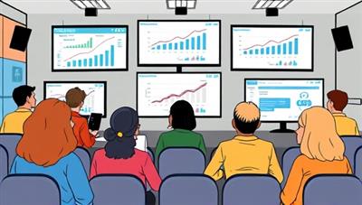An engaging graphic featuring diverse individuals attending virtual financial literacy classes, with interactive screens displaying financial concepts and graphs, representing inclusivity and accessible learning opportunities.