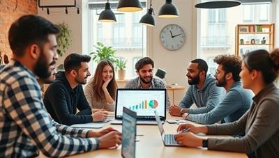 An energetic startup office environment with young entrepreneurs brainstorming ideas, while the virtual CFO from StartupFin Advisors collaborates with them on financial strategies using digital tools and charts, showcasing a dynamic partnership for growth.
