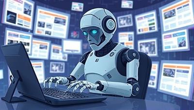 An illustration of a futuristic AI robot typing on a keyboard, surrounded by digital screens displaying various content formats, symbolizing the AI-powered content creation process.