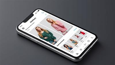 A sleek and modern smartphone displaying a virtual shopping assistant app interface with stylish clothing options, a user profile, and a fashion inspiration feed, showcasing the convenience and style expertise of the AI-powered assistant.